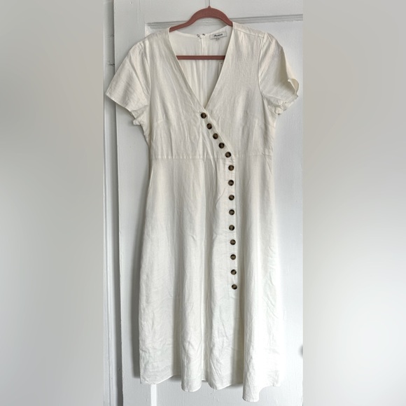Madewell White Linen-Blend Button Front ‘Wrap’ Midi Dress - Size 12 - Picture 5 of 6